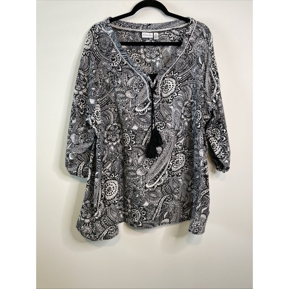 Kim Rogers Woman 3X Paisley Tunic Top Black White Tassel Boho Plus Blouse - Picture 2 of 10